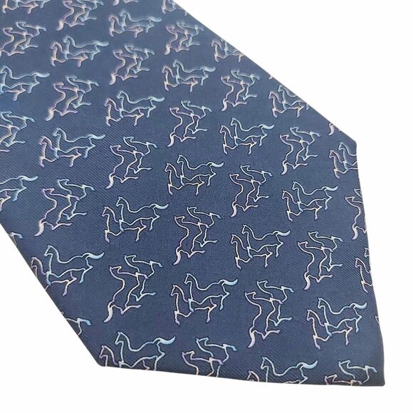 Salvatore Ferragamo Tie Mens Blue Silk Narrow Luxury Designer Made in Italy - Picture 5 of 13